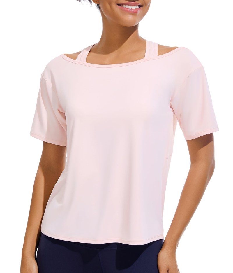 Women's Short Sleeve Workout Shirts Quick Dry Cold Shoulder Loose Fit Gym Yoga Athletic Running Tee Tops Lightweight Breathable