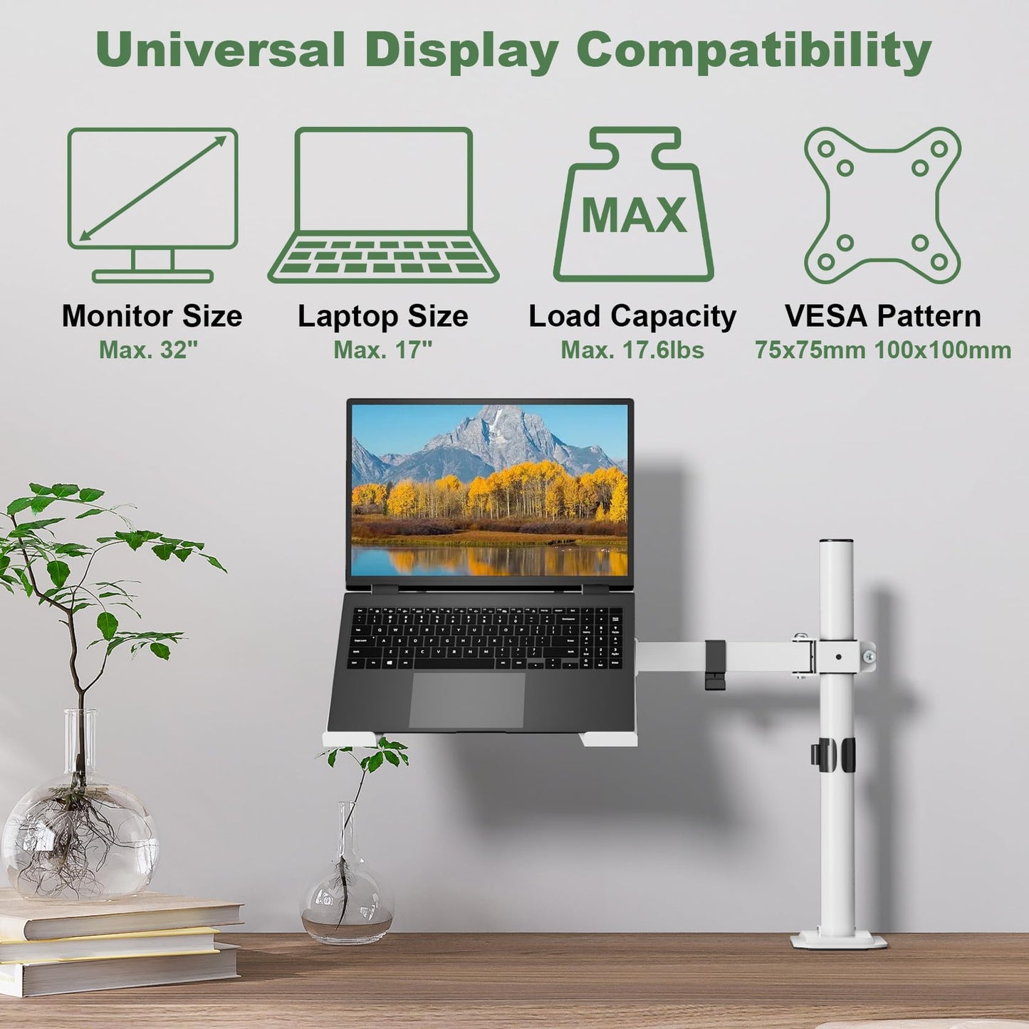 Laptop Desk Mount, Single Laptop Stand Arm with Vented Tray for 17 inch Notebook or 14”-32” Monitor, Holds up to 17.6 lbs, Fully Adjustable, Clamp/Grommet Mounting, VESA 75/100mm