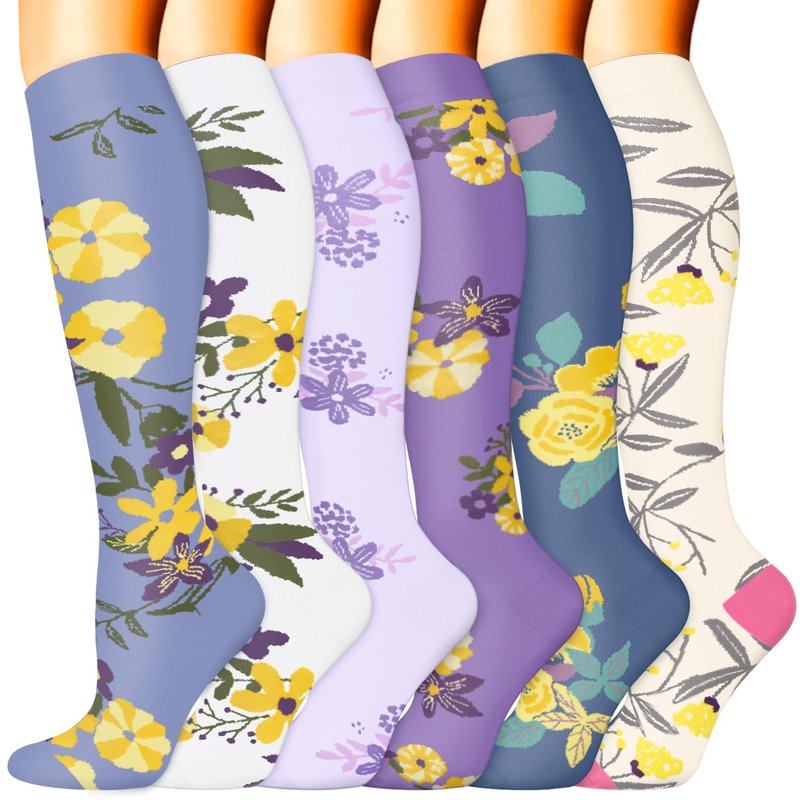 Sooverki Compression Socks for Women & Men 6 Pairs is Best Supportive Knee High Leg Warmers for Purple Yellow Floral Flower Fashion Pattern Arch Support Cushioned