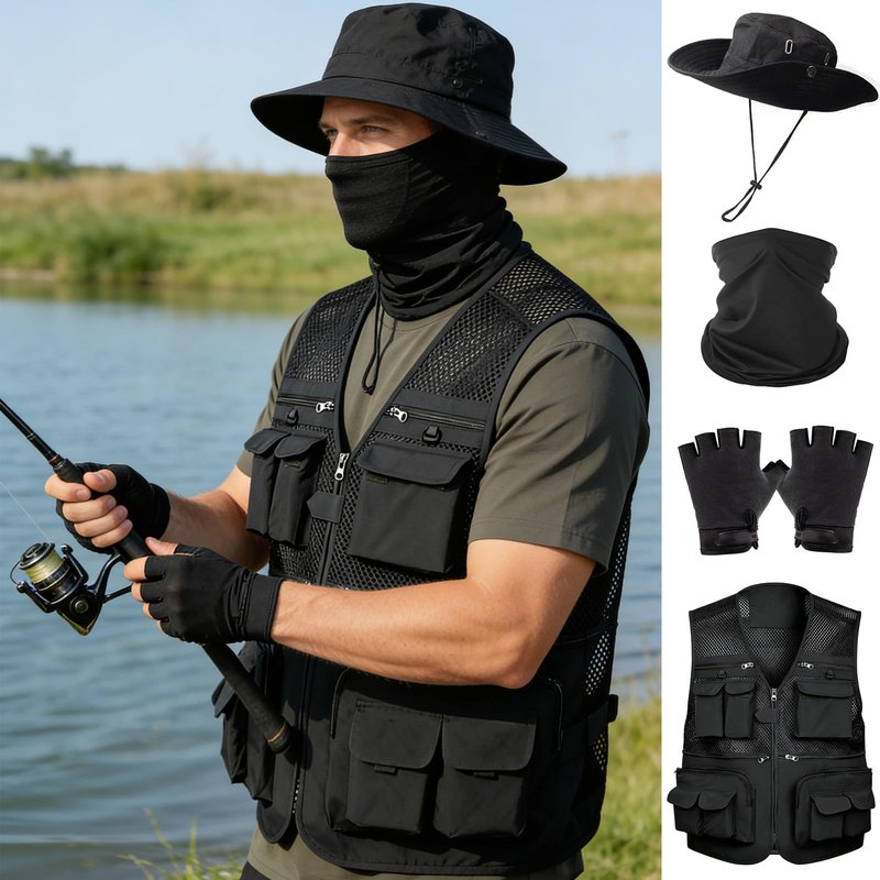 HUNTURE Mens Fishing Vest, Black Mesh Vest and Hat Gloves Cooling Neck Gaiter Set for Hiking Travel, Multi Pocket Summer Safari Vest