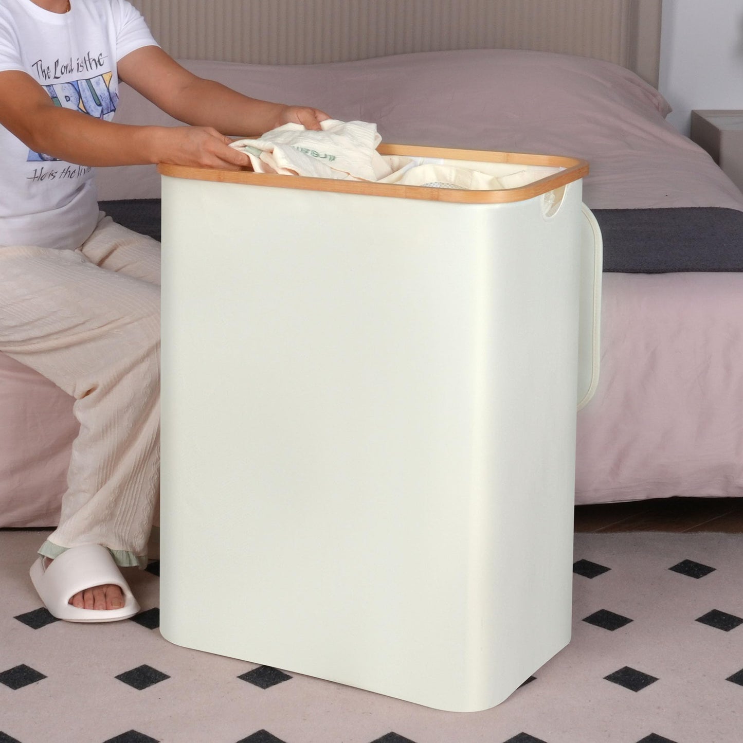 efluky Laundry Hamper with Lid, 160L Tall Laundry Basket with Bamboo Handles for Clothes and Toys, Collapsible Laundry Hamper with 2 Inner Bags for Bedroom and Bathroom, Beige