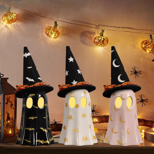 DAZONGE Halloween Decor Indoor, Set of 3 Ceramic Ghosts with Witch Hats, Cute Spooky Ghost Figurines for Mantel, Shelf & Tabletop Decor, Halloween Decorations