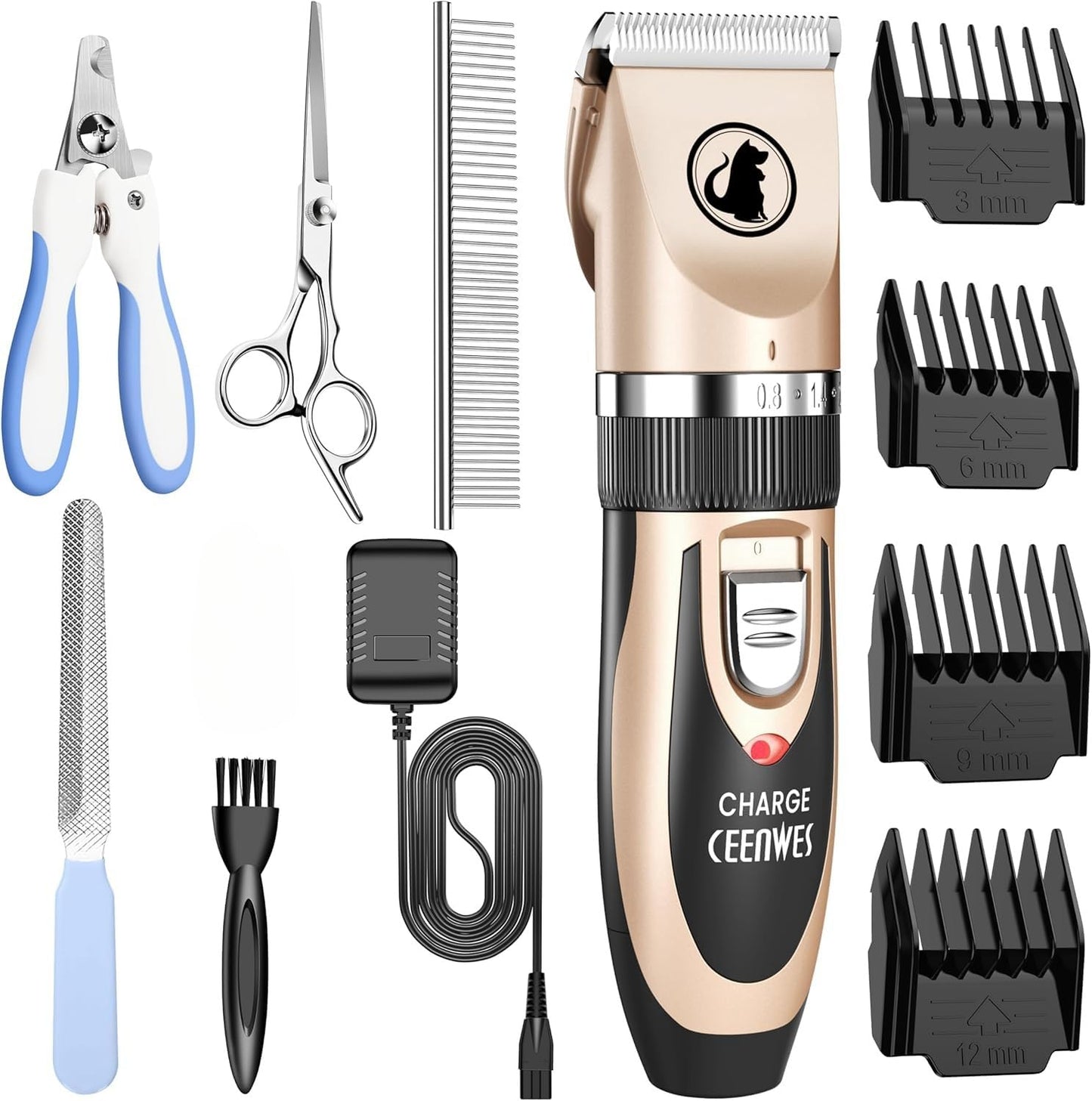 Ceenwes Dog Clippers Low Noise Pet Clippers Rechargeable Trimmer Cordless Grooming Tool Professional Dog Hair Trimmer with Comb Guides Scissors for Dogs Cats & Others（Gold）