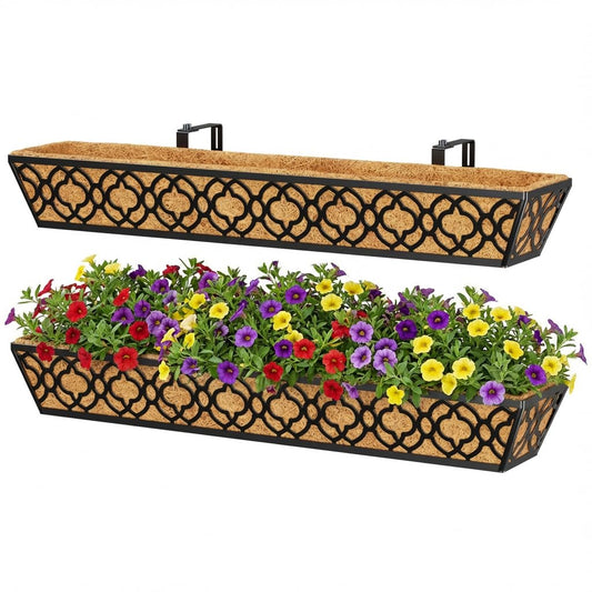 Y&M 36 Inch Window Deck Planter with Coco Liner, Metal Hanging Flower Boxes for Fence, Railing, Balcony, and Outdoor Garden Lawn – 2pcs