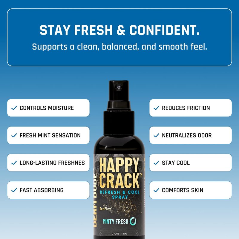 Derm Dude Happy Crack Refresh & Cool Body Spray | Minty Fresh Deodorizing Spray for Body & Skin | Odor Control with Witch Hazel & Natural DeoPlex | Soothing, Cooling & Fast-Drying | 2 oz (1 Pack)