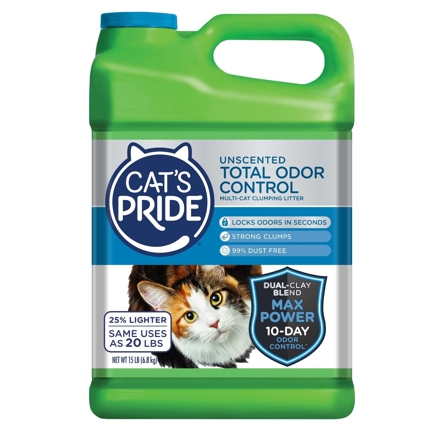 Cat's Pride Max Power: Total Odor Control - Up to 10 Days of Powerful Odor Control - Strong Clumping - Hypoallergenic - 99% Dust Free - Multi-Cat Litter, Unscented, 15 Pounds