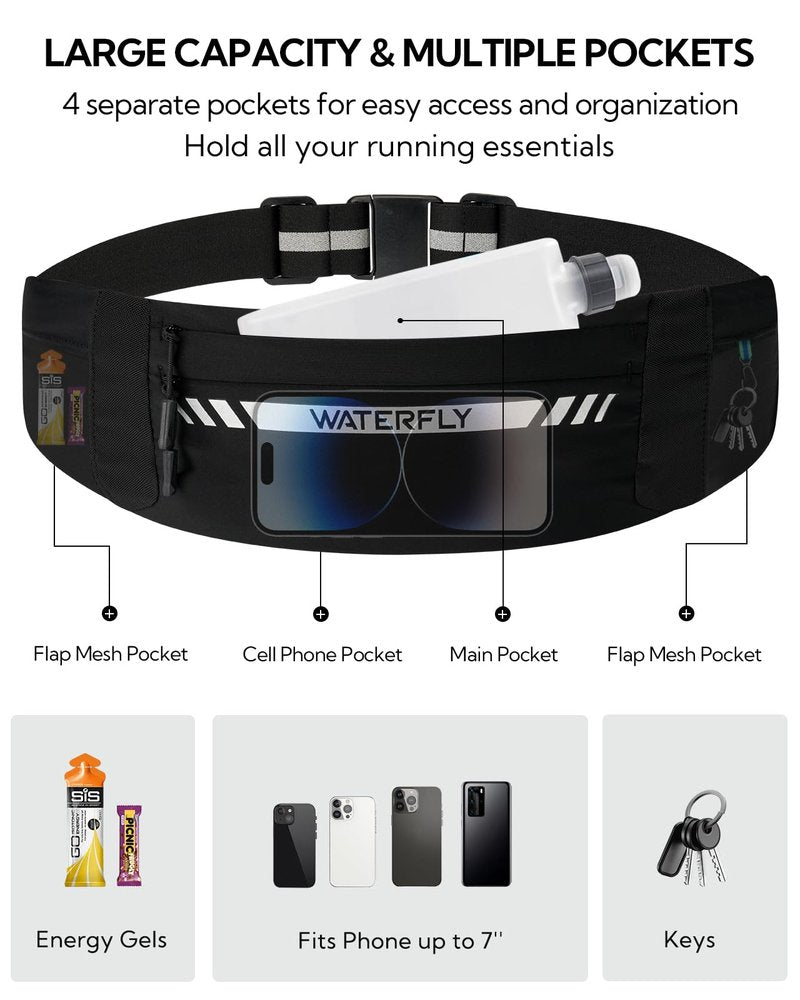 WATERFLY Running Belt Fanny Pack: Slim Breathable 4 Pocket Waist Bag for Men Women Sport Workout Exercise Fitness Phone Holder - Runner Marathon Jogging Waistband Fits ALL Phones Black