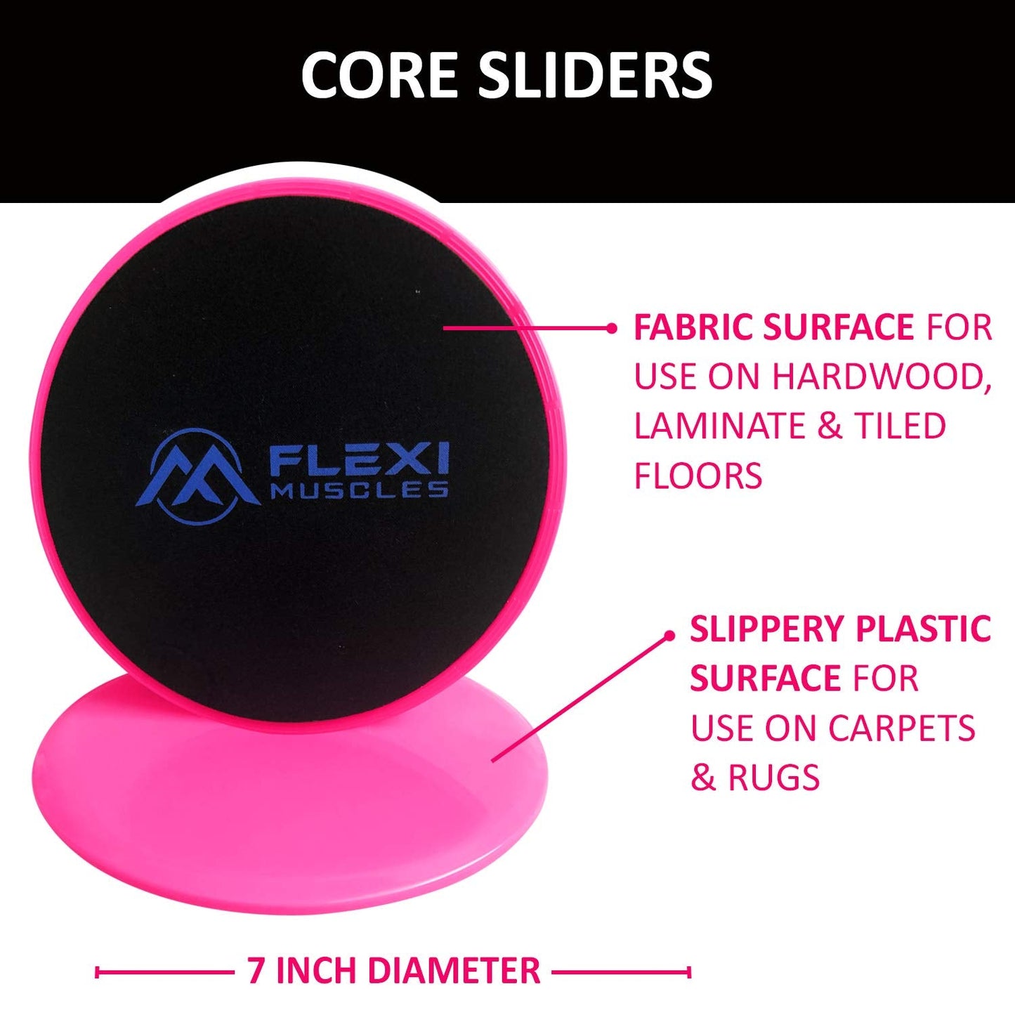 Flexi Muscles Core Sliders Dual Sided Sliding Discs for Use on All Floors. Our Core Sliders are ideal for Abs exercises, Yoga, Pilates and Home Workouts.