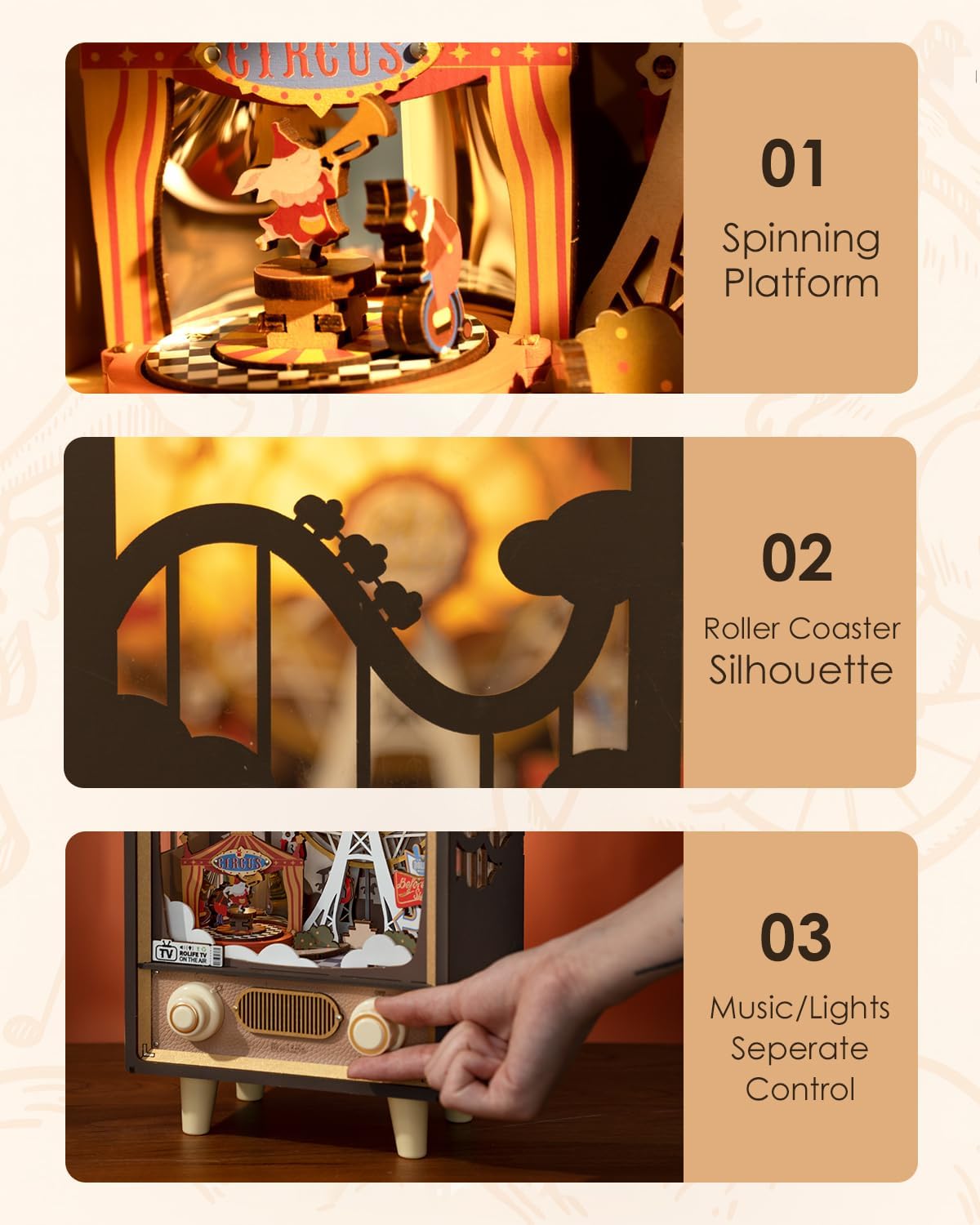 Rolife 3D Wooden Puzzles for Adults DIY Book Nook Kit 16" Ferris Wheel Music Box Model Building Set with LED Crafts for Adults Gifts for Girls Boys (Sunset Carnival)