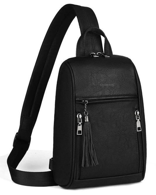 FADEON Sling Bag for Women, Crossbody Backpack with Tassels, Designer Leather Shoulder Chest Bags for Travel