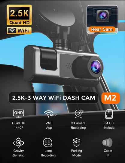 Galphi 3 Channel WiFi Dash Cam Front and Rear Inside with 64GB SD Card, 2.5K+1080P+1080P Car Dash Camera for Cars Front and Rear, Dashcam with G-Sensor, Loop Recording, 24H Parking Mode, Support 512GB