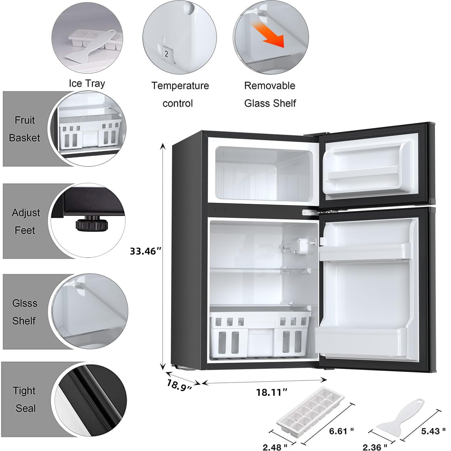 Antarctic Star Mini Compact Refrigerator, 3.2 Cu.Ft. Separate Freezer Double 2-Door Adjustable Removable Shelves for Apartment/Dorm/Office,BLACK