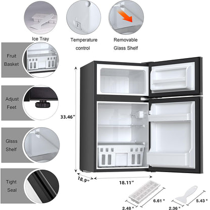Antarctic Star Mini Compact Refrigerator, 3.2 Cu.Ft. Separate Freezer Double 2-Door Adjustable Removable Shelves for Apartment/Dorm/Office,BLACK