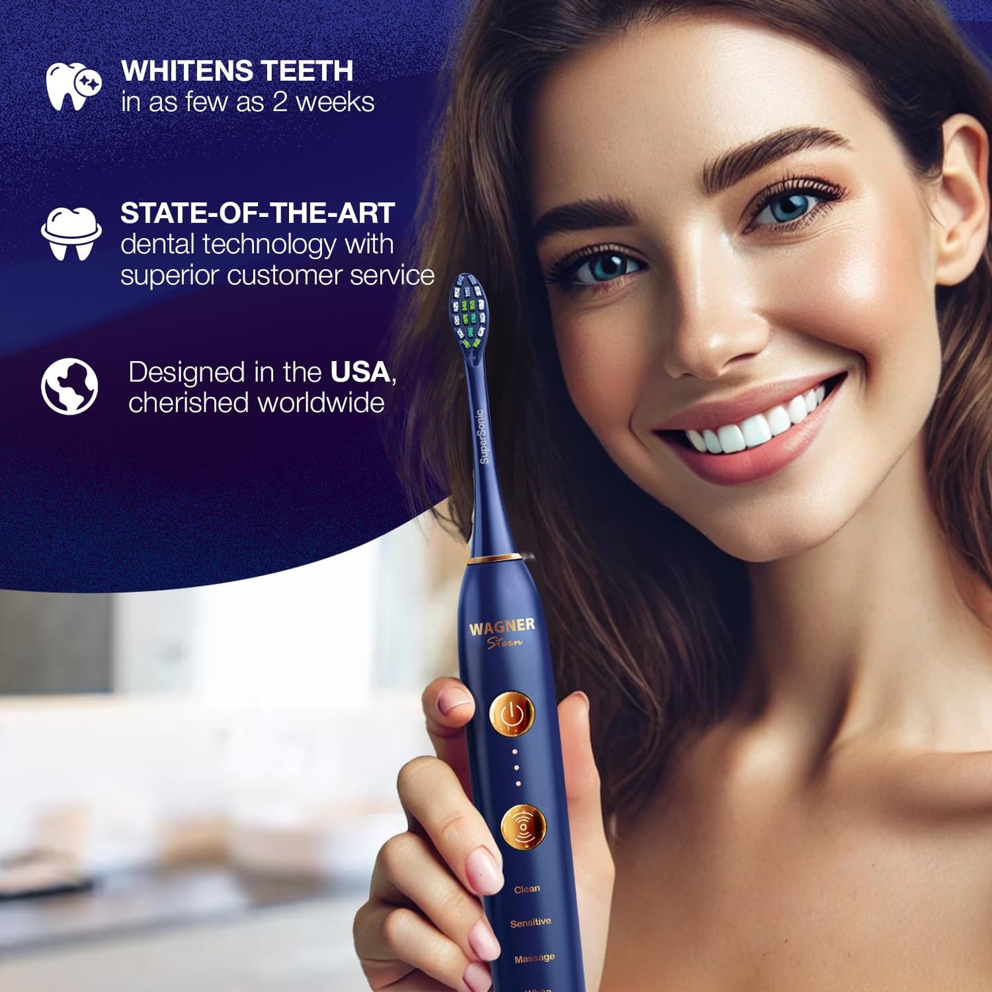 Wagner & Stern WHITEN+ Edition. Smart Electric Toothbrush with Pressure Sensor. 5 Brushing Modes and 3 Intensity Levels, 8 Soft nrush Heads, Premium Travel Case.