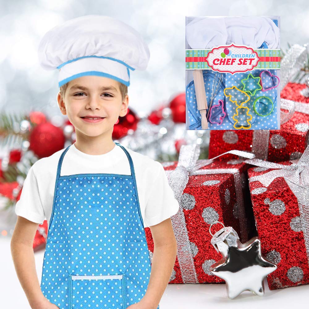 HmiL-U Chef Set for Kids - 13 Pcs Kid Cooking and Baking Set Includes Kids Apron, Chef Hat, Utensils, Cooking Mitt, Gift for 3 Year Old Girls and up(Blue)