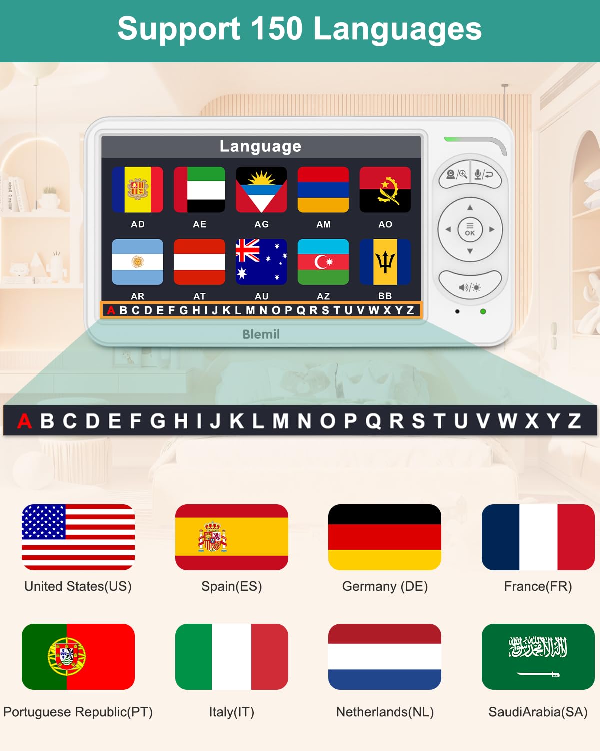 6" Baby Monitor with 2 Cameras and Audio 30 Hours Battery Upgrade Split Screen Video Baby Monitor Remote Pan-Tilt-Zoom 178°Wide-Angle 150 Languages No WiFi ECO 2-Way Talk Night Vision 1000ft Travel