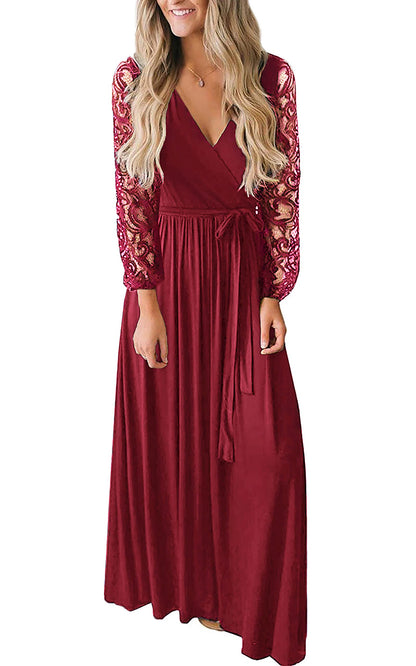 Kranda Christmas Dress Women's Casual Floral Lace Long Sleeve Faux Wrap V Neck Bridesmaid Maxi Dress Wine Red M