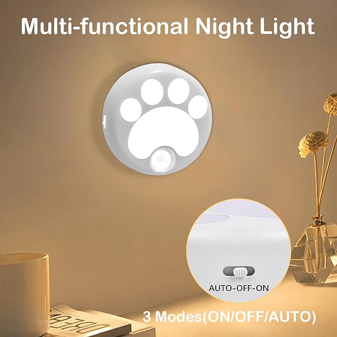 Attivolife Cat Paw Motion Sensor Night Light with Magnetic, USB Rechargeable & Cordless LED Lamp, Cute Kids Wall Light for Hallway, Bedroom, Nursery, Kitchen, Stairway