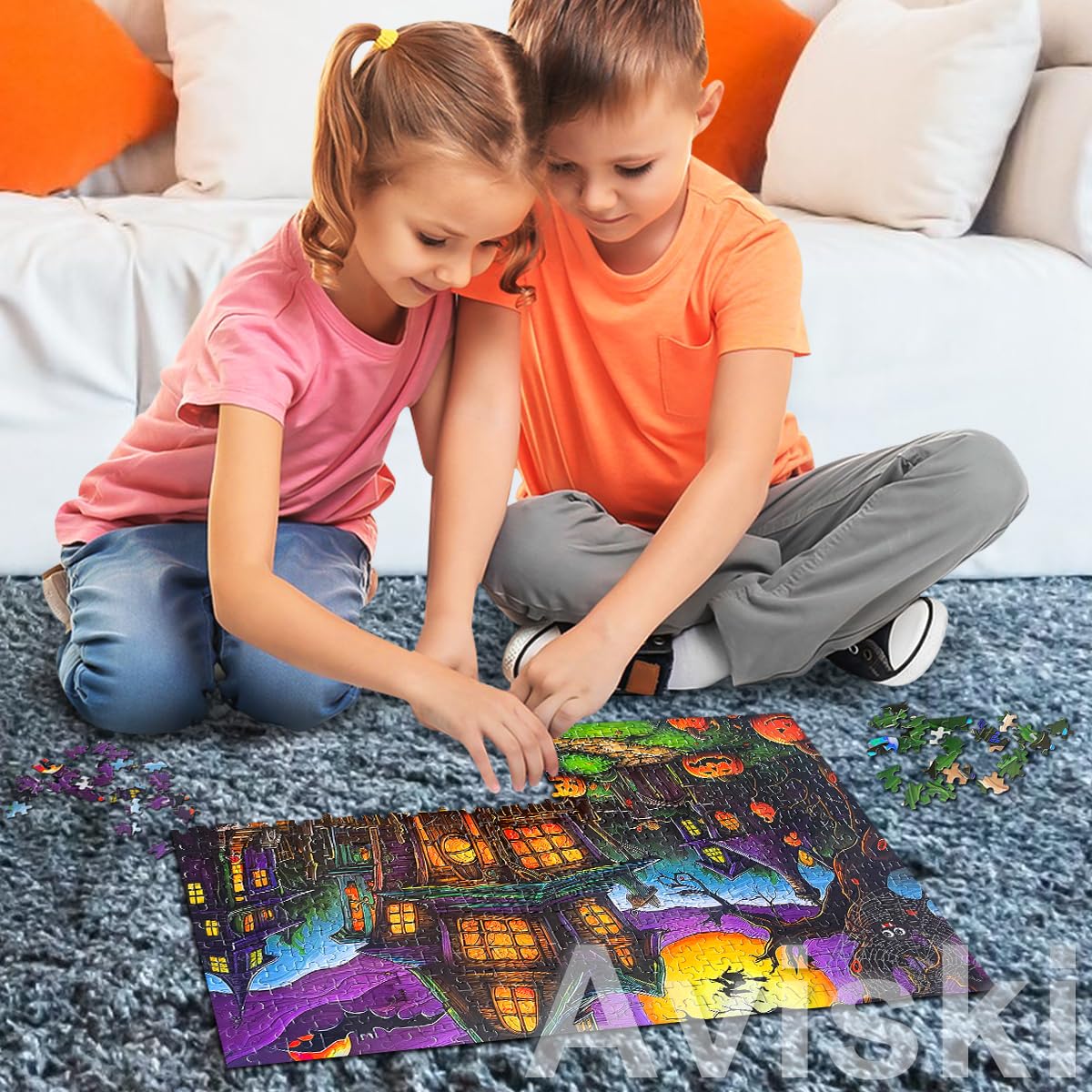 Halloween Jigsaw Puzzles with 1:1 Reference Poster, 20.4 × 14.4inch for Adults and Kids - 500 Pieces Puzzles, Haunted House Educational Games Gift for Elders Children Family, Friends