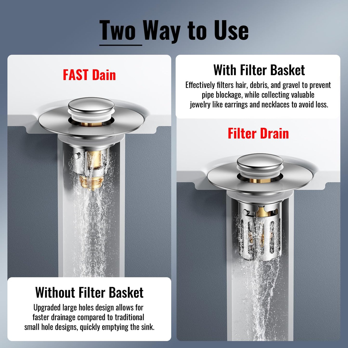 5-in-1 Bathroom Sink Stopper, 2 Pc Pop-Up Drain Stopper with Removable Hair Catcher, Anti-Clog Strainer, Odor Blocking & One-Way Flow Design, Brass & Stainless Steel All Metal Made, Fit 1.1"–2.36"
