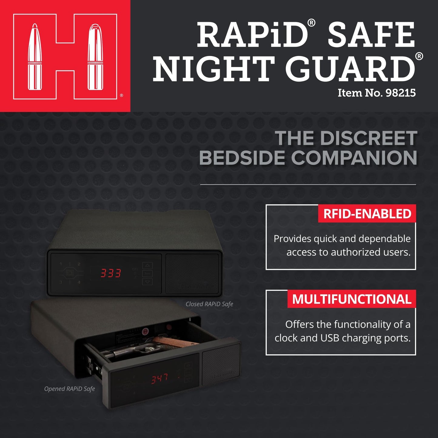 Hornady Rapid Safe Night Guard – Nightstand Gun Safe with RFID Reader, Clock, USB Ports – RFID Safe for Fast, Multiple Method Entry – Includes Rapid Safe, 3 Methods of Entry and Security Cable