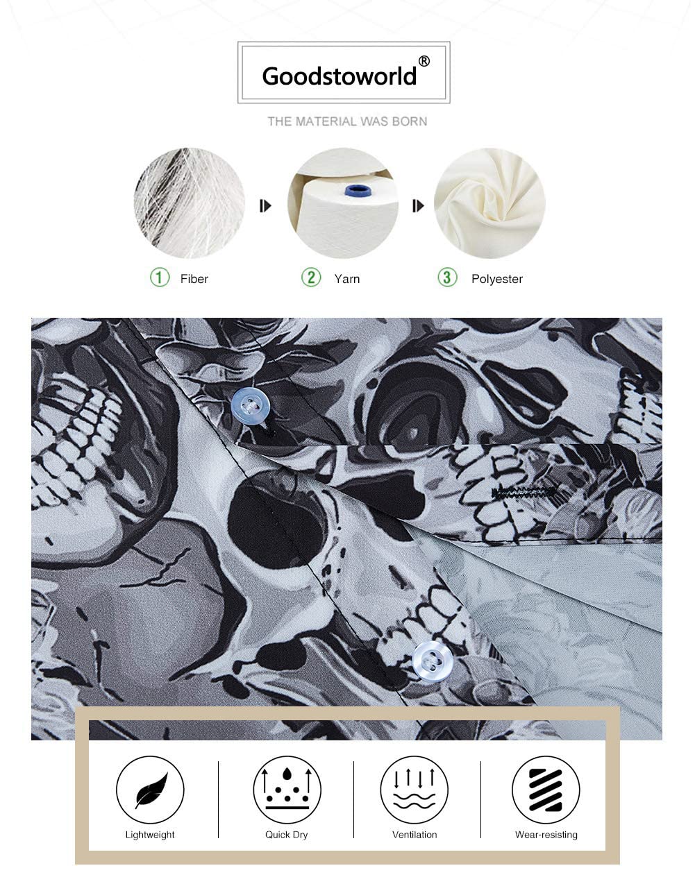 Goodstoworld Hawaiian Mens Skull Shirts 3D Halloween Horror Short Sleeve Print Teen Boys Aloha Button Down Dress Shirt Polo Party Gift Tops Black Grey