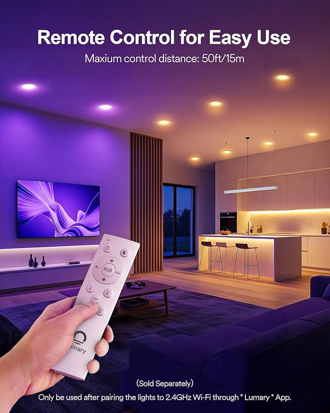 Lumary 4 Inch Ultra-Thin Smart Recessed Lighting, 9W 780LM RGBWW Smart Wafer Lights with Junction Box, Compatible with Alexa/Google Assistant/BT Remote, ETL Listed, 12 Pack