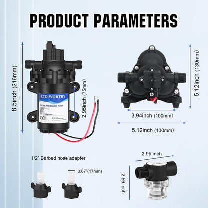 ECO-WORTHY RV Fresh Water Pump 12V DC 3.5GPM 45PSI with Pressure Switch, 12Volt Self Priming Water Pressure Diaphragm Pump On demand for RV Yacht Camper Sprayer Food Truck Black