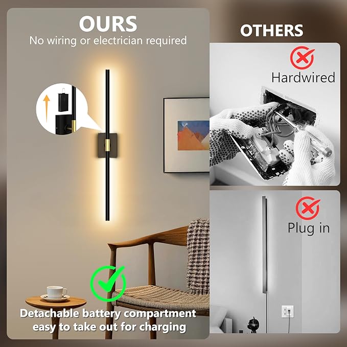 Battery Operated Wall Sconces Set of 2: 10000mAh Rechargeable Wall Sconce with Touch and Remote, 360° Rotate, 4CCT Dimmable Wireless Wall Light LED Wall Lamp for Living Room Bedroom Bathroom, Black