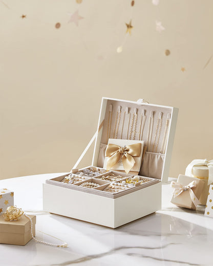 SONGMICS 2-Layer Jewellery Box, Jewellery Organiser with Handle, Removable Jewellery Tray, Jewellery Storage, Floating Effect, 20.5 x 24 x 11 cm, Gift Idea, White JBC165W01