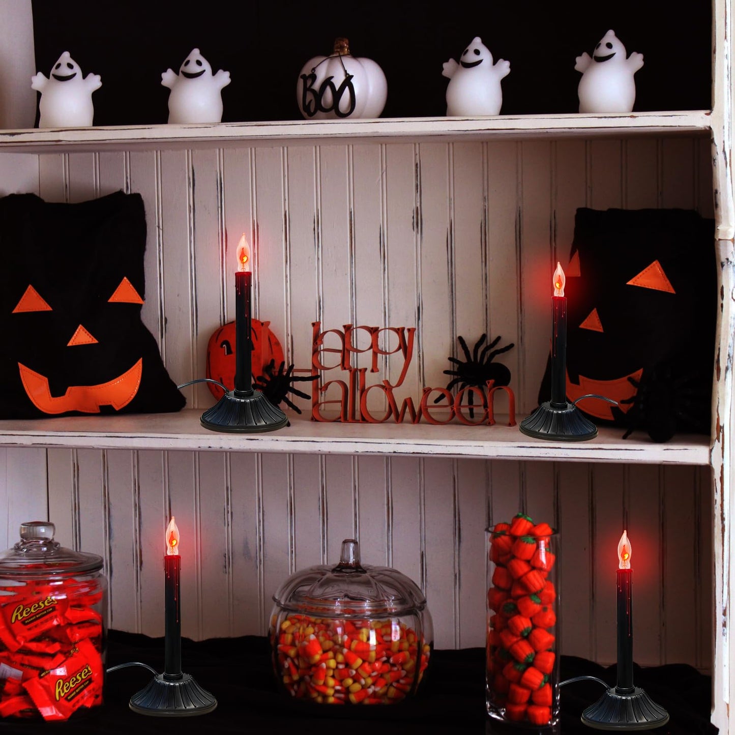 2 Pack Halloween Electric Window Candles, Black Halloween Decorations Candle Lights with 4 C18 Flicker Flame Bulbs, Plug in Electric Candles Flickering for Window Table Home Centerpiece Holiday