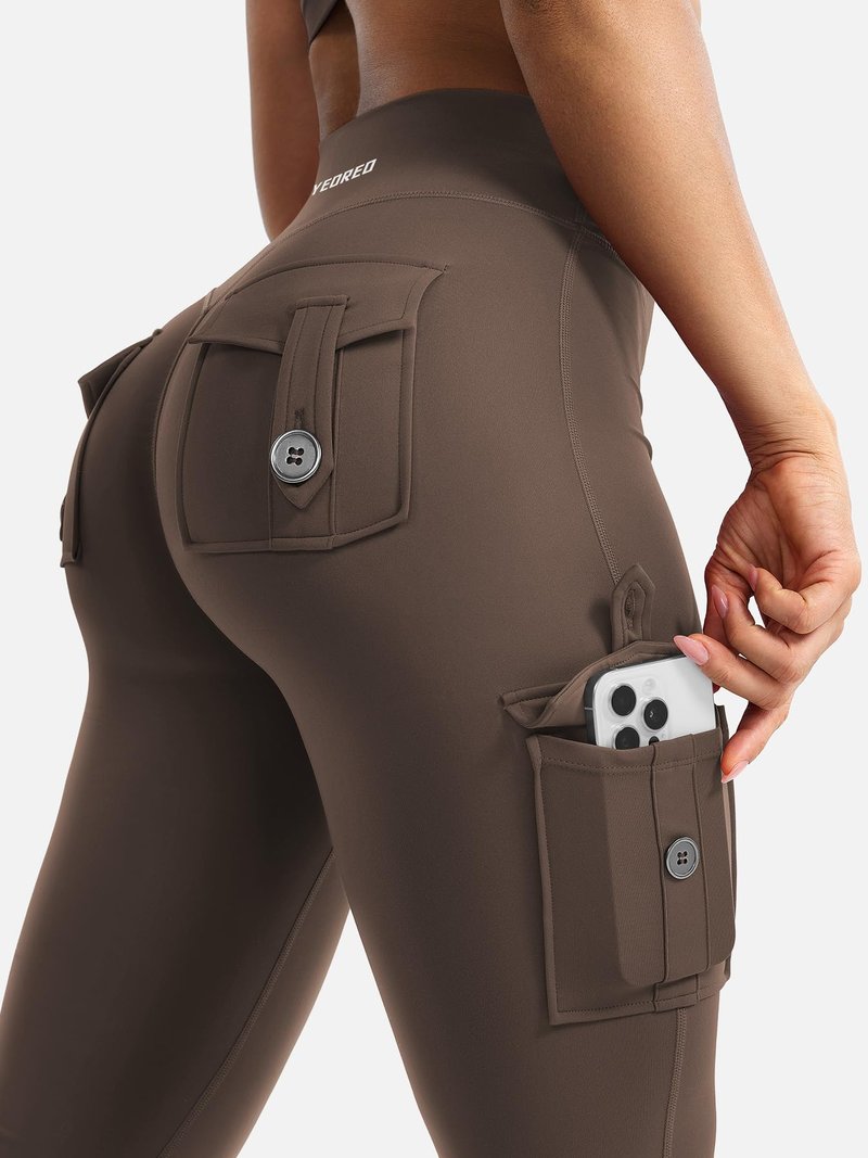 YEOREO CoreFlex Women Workout Flare Leggings with Pockets Hidden Scrunch High Waisted Cargo Gym Yoga Leggings Coffee XXL
