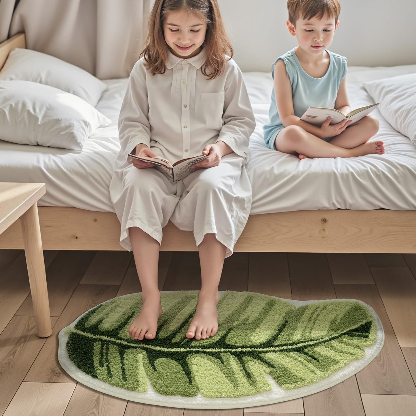 LUMI Cute Bathroom Rugs with Green Leaf Plant, Soft, Fluffy, Plush, Absorbent, Quick Dry, Non Slip, Machine Washable for Shower Floor, Bathroom, Bedroom,Kids Room, 19.5"x39.5", Palm Leaf