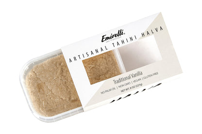 Emirelli Artisanal Halva Dessert – Authentic Middle Eastern Candy Turkish Sweets – Vegan Candy 55%-Tahini Halwa - Halvah Traditional International Sweets – Tasty Traditional Vanilla Flavor, Pack of 1