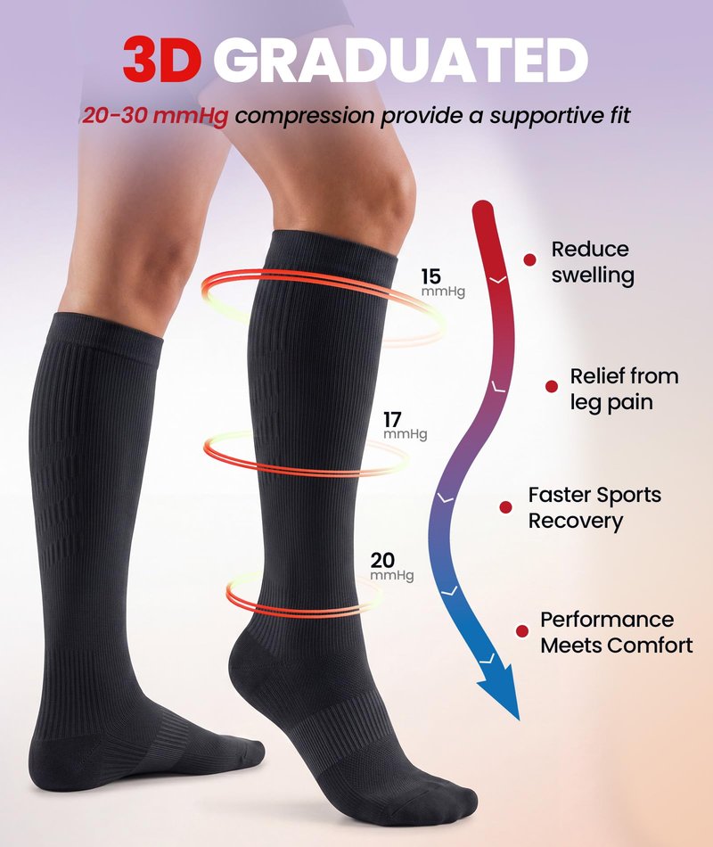 PULIOU Cooling Compression Socks for Women Men, 20-30 mmHg Circulation Knee High for Travel, Flying, Running, 2 Pairs(Black,S-M
