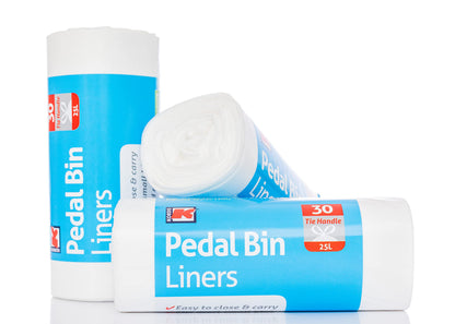 Kordis Strong Tie Handle Pedal Bin Liners - 6 x 30 Bags. 25L White Plastic Bin Bag Liners For Bedroom, Bathroom, Office, Mini Trash Can & Small Bins. 180 Unscented Garbage Bags (53 x 70cm)