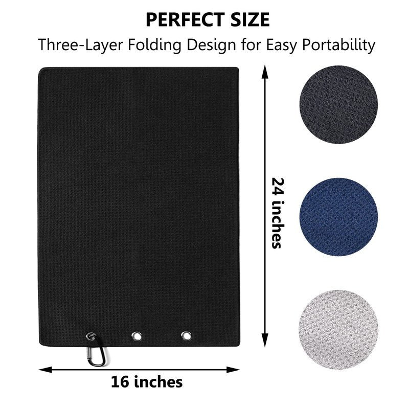 LUSTEMBER 3 Pack Large Golf Towels, 16" x 24" Tri-Fold Portable Microfiber Fabric Waffle Pattern Golf Towel for Golf Bag with Carabiner Clip to Quickly Remove Sand, Mud, Dirt and Sweat