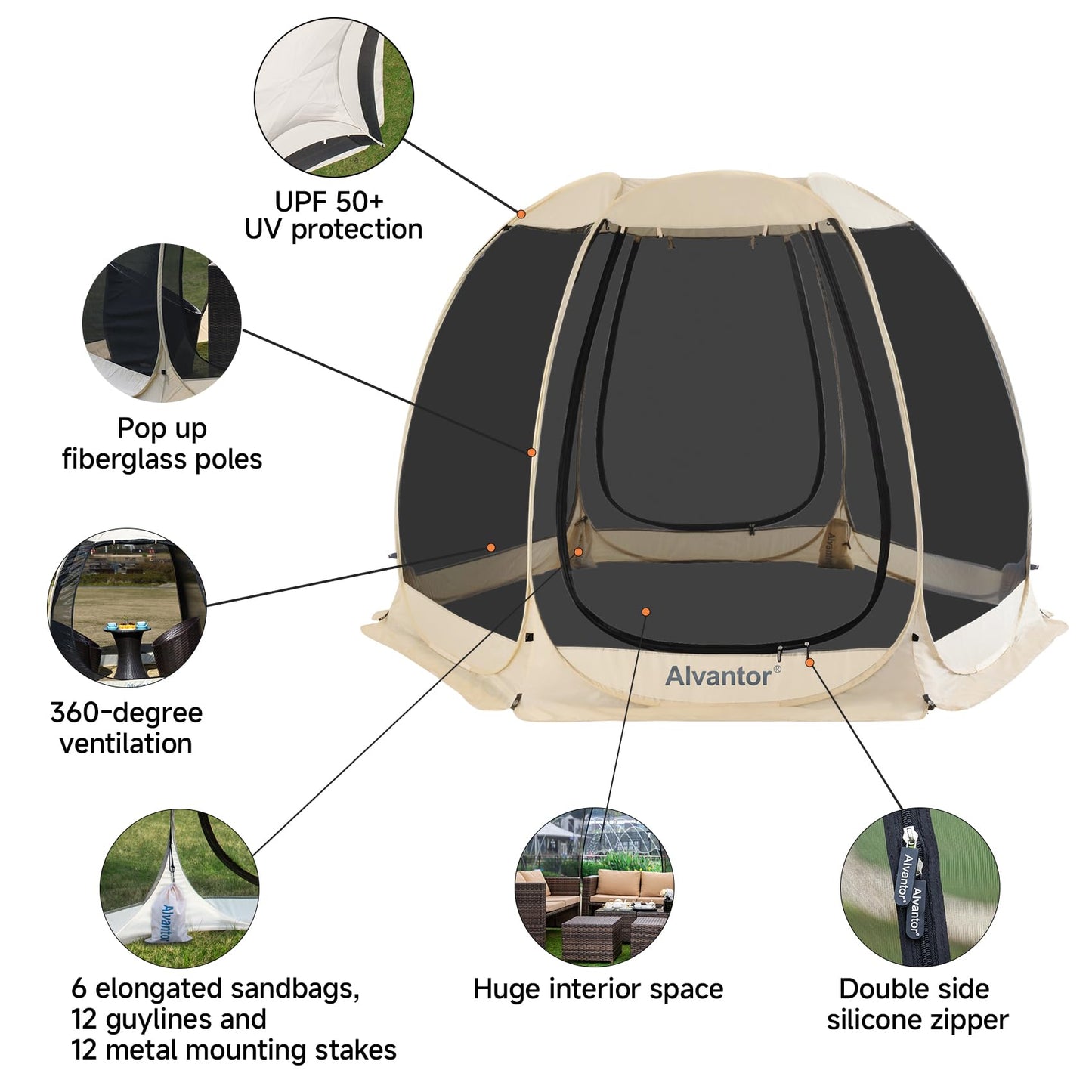 Alvantor Screen House Room Camping Tent Outdoor Canopy Pop Up Sun Shade Hexagon Shelter Mesh Walls Not Waterproof 10'x10' Beige Patent Pending