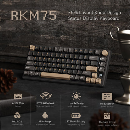 RK ROYAL KLUDGE M75 Wireless Mechanical Keyboard 2.4Ghz/BT5.1/USB-C Gaming Keyboard 75% Layout 81 Keys Gasket Mount with OLED Display & Knob RGB Backlight Hot-Swappable Red Switch, Grey, US Layout