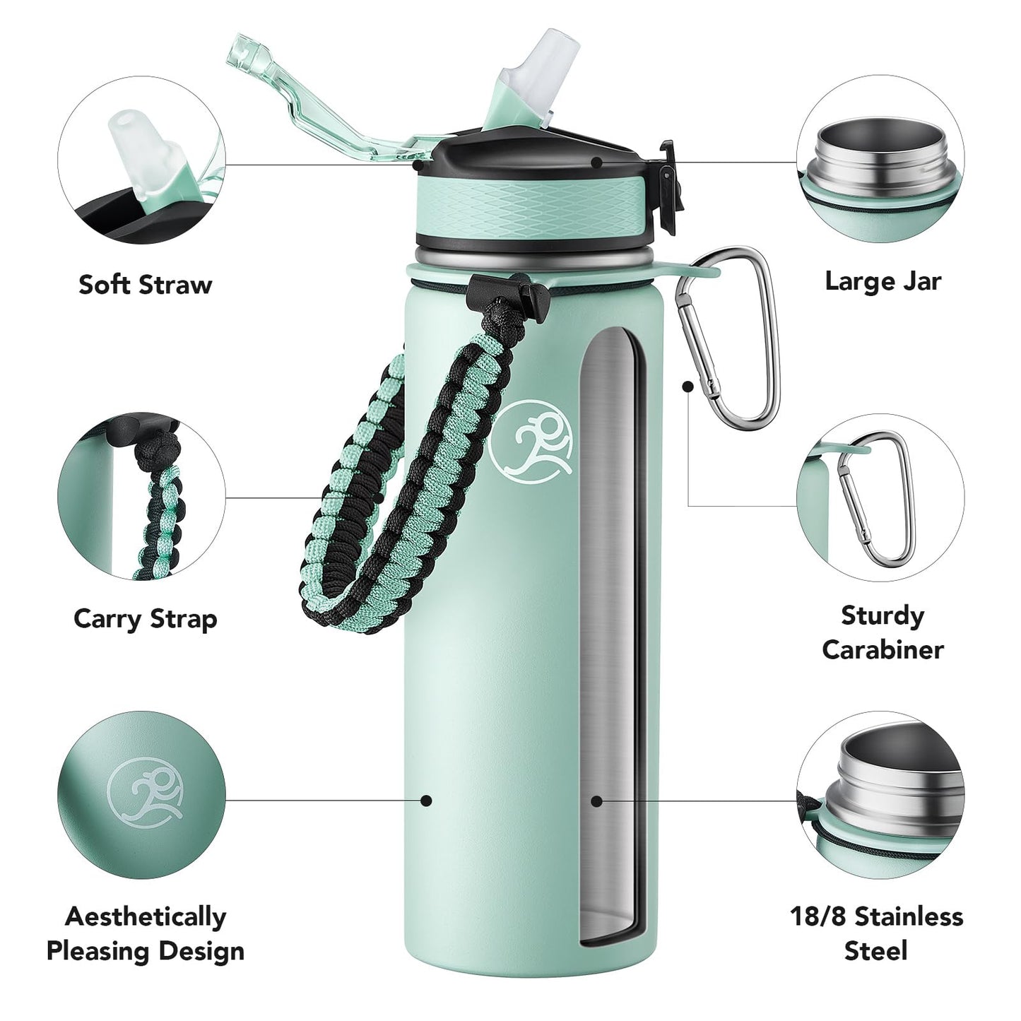 GOSWAG Insulated Sports Water Bottle, 24oz 2 Lids(with Straw/No Straw), Stainless Steel Water Bottles with Paracord Handle, Insulated Bottle with Double-Wall Vacuum Insulation