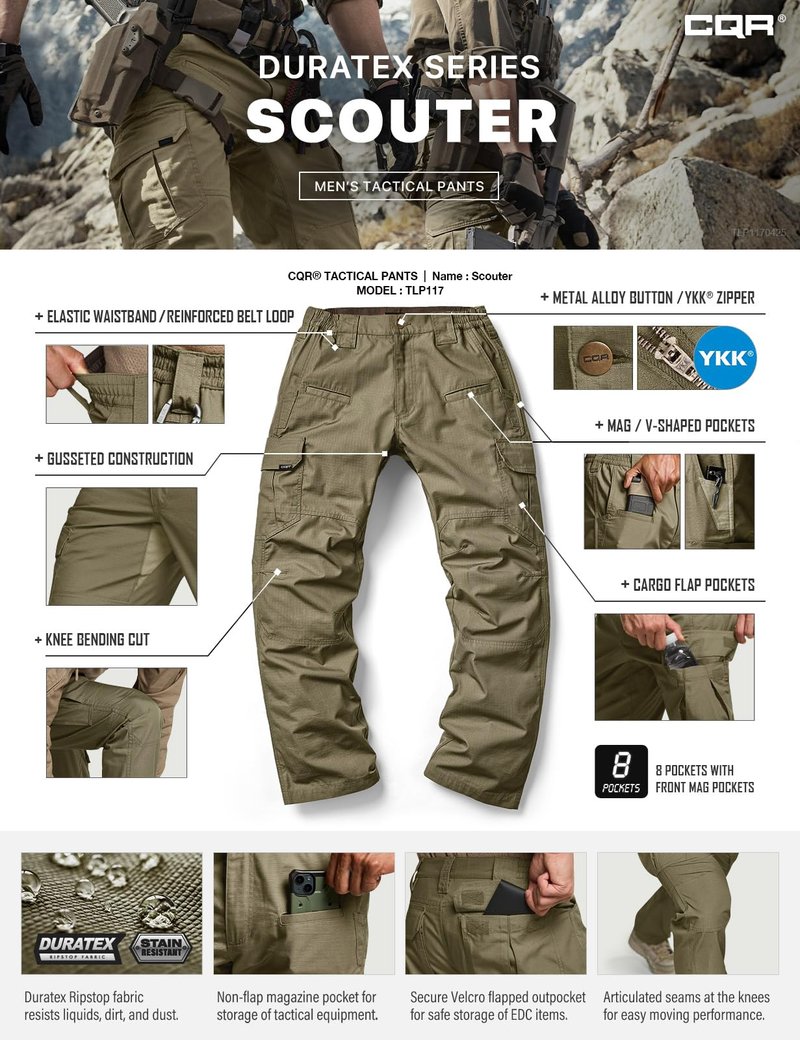 CQR Men's Tactical Pants, Water Resistant Ripstop Cargo Pants, Lightweight EDC Work Hiking Pants, Outdoor Apparel, Raider Soil Green, 36W x 30L