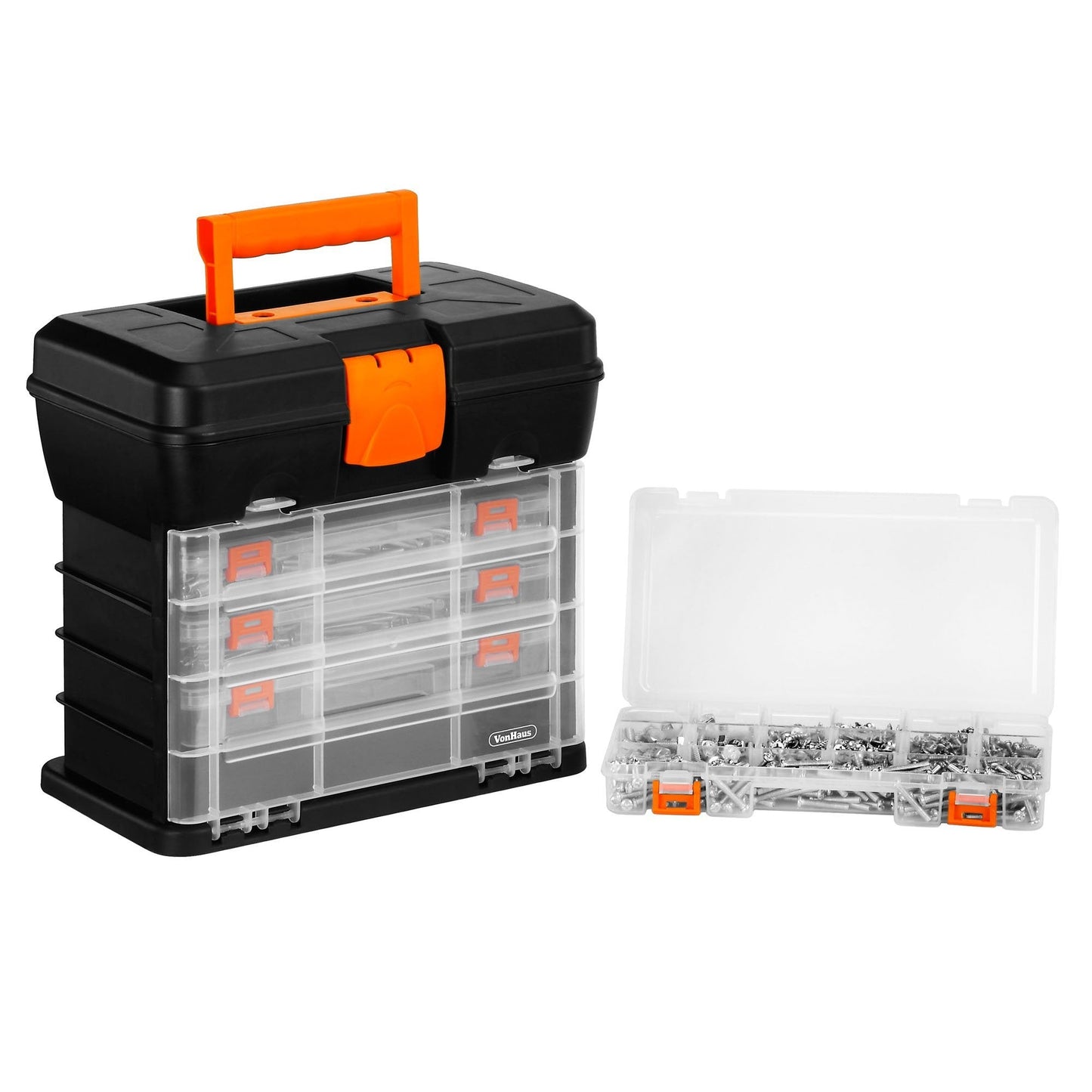 VonHaus Utility Tool Box Storage Organiser Case with 4 Drawers & Adjustable Dividers - Plastic Multi Tool Box Organiser with 4 Compartment Drawers - Ideal for DIY Tools and Accessories Storage
