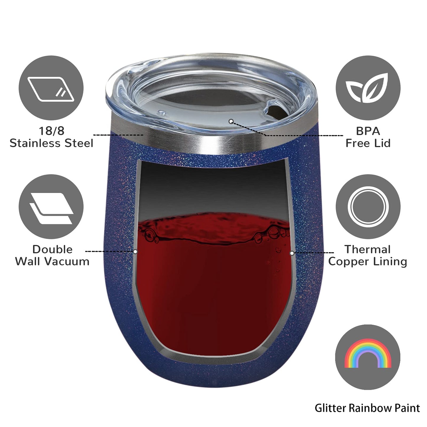 MEWAY 12oz/4 Pack Wine Tumbler Glasses with Lid - Stemless Double Wall Vacuum Stainless Steel Glitter Tumbler - Keeping Cold & Hot Cup for Coffee,for Women(Rainbow Navy,Set of 4)