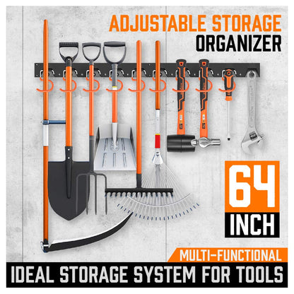 HORUSDY 64 Inch Adjustable Storage System, Wall Mount Tool Organizer, Tool Hangers for Mop and Broom Holder Shovel, Rake, Broom, Mop Holder, Etc