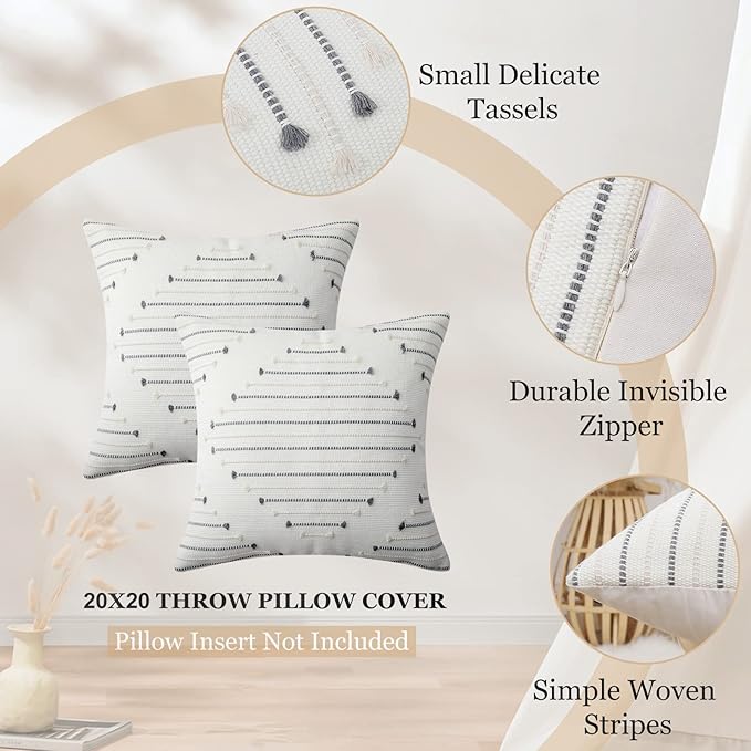 Mecatny Boho Outdoor Throw Pillow Covers 20X20 Set of 2, Farmhouse Decorative Pillow Covers for Couch Sofa Living Room, Beige & Grey