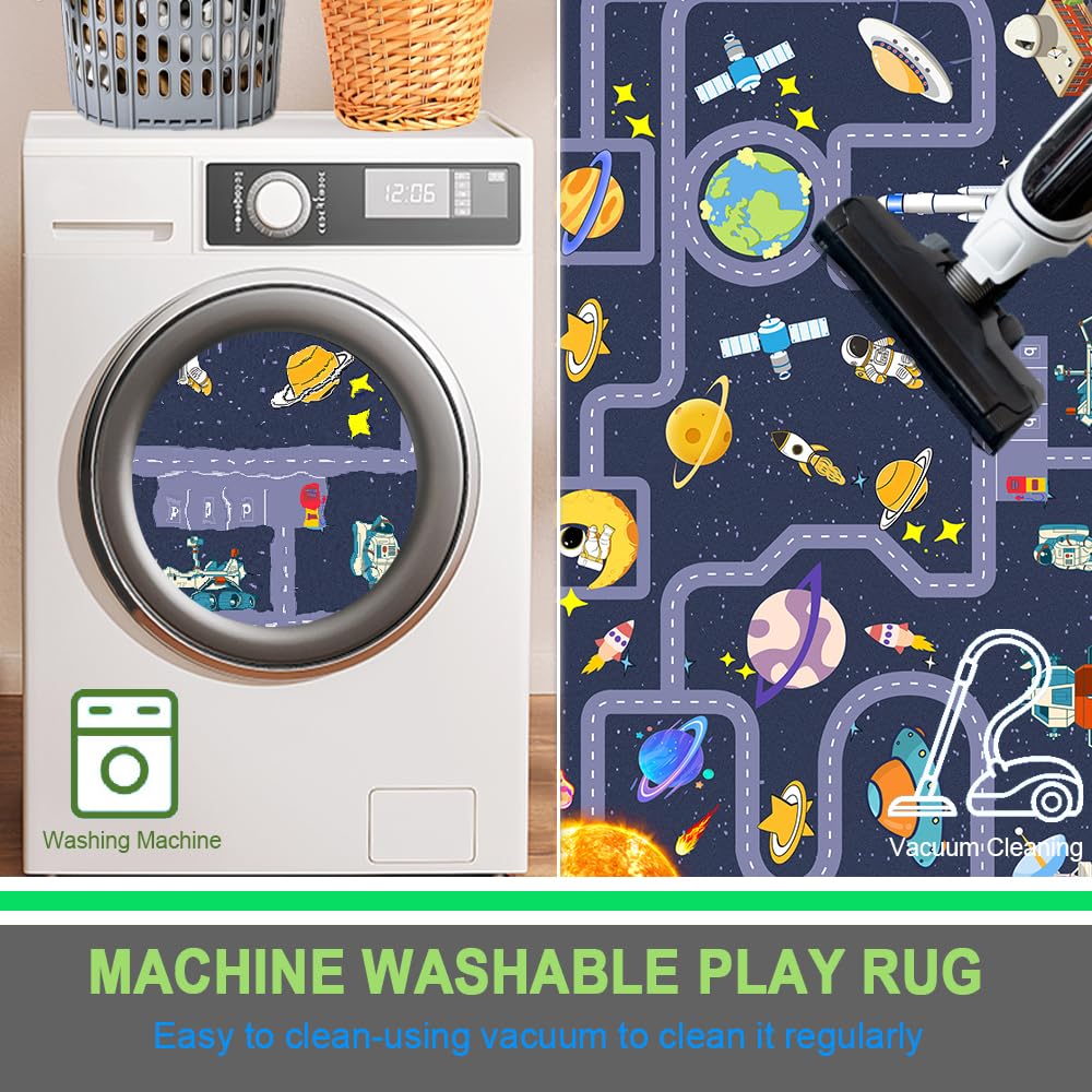 Pyrrhite Outer Space Kid Rug，Boys Car Rug for Kids Toy Cars Have Fun Safely, Non-Slip Educational City Road Rugs Carpets for Kid Room Bedroom（47×31 in