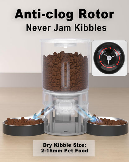 Dual Automatic Cat Feeder 2 Cats,6 Meals/Day,12 Portions/Meal,4.2L Dual Power Double Bowls Feeder,Dry Food Auto Pet Dispenser,10S Voice Record,Flexible Schedule Timer (Black,Stainless Dual Bowls)