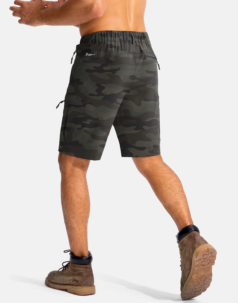 Pudolla Men's Hiking Cargo Shorts 9" Lightweight Outdoor Work Shorts for Men Travel Golf Camping Casual with 5 Zipper Pockets(Green Camo XX-Large)