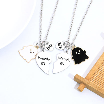Halloween Friendship Gifts, Weirdo 1 Weirdo 2 "I hope we're BFF until we die. Then we stay ghost besties" 2psc Set Split Heart Pendant Necklaces Halloween BFF Gift for Best Friend (Ghost Friend)