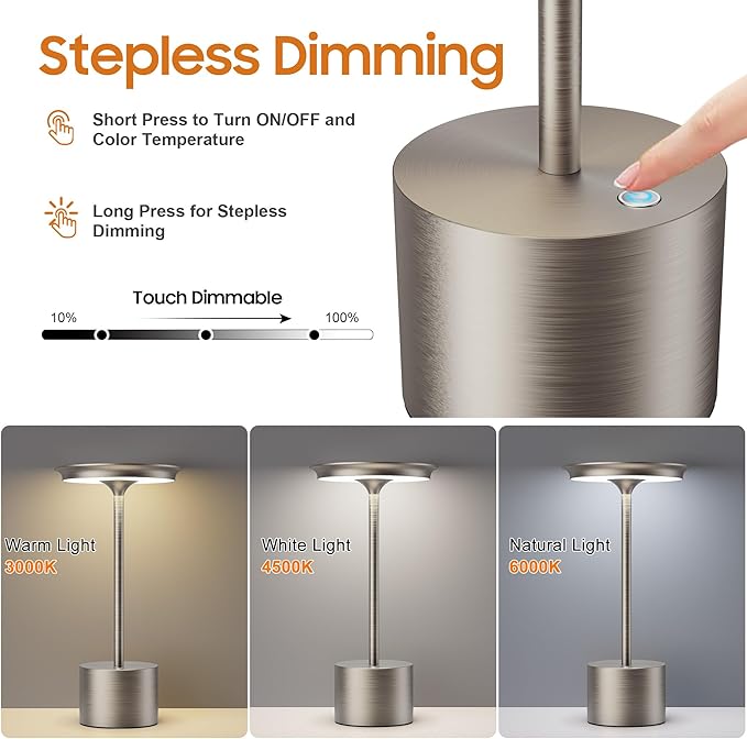 Cordless Table Lamp, Portable Rechargeable 6000mAh Outdoor Table Lamp, 3 Color Stepless Dimming Battery Powered Lamp, LED Table Light for Dinner/Bedroom/Restaurant/Outdoor (Silver)